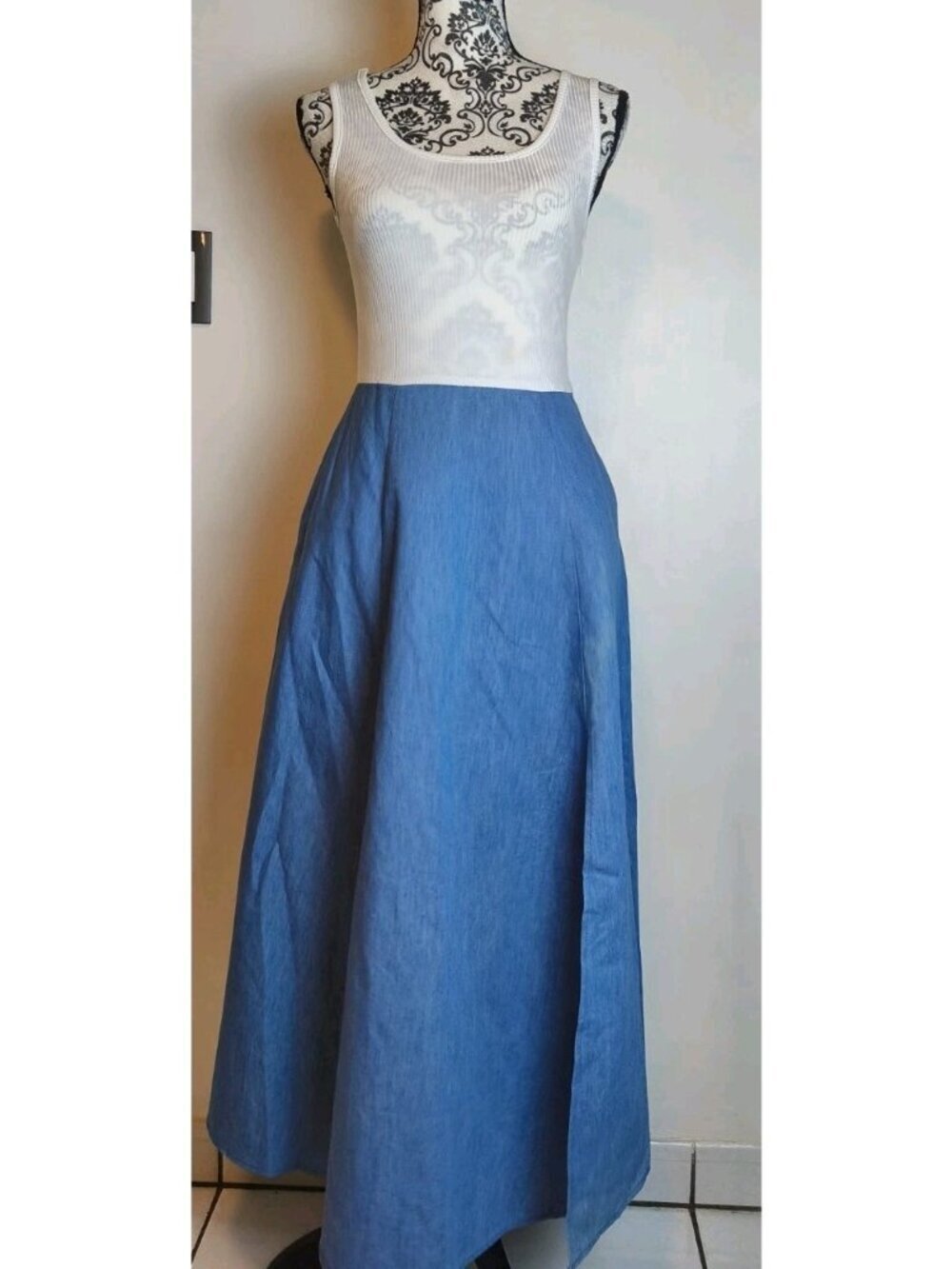Dress Up Color Block Maxi Dress Womens S White Ribbed Blue Chambray AS IS